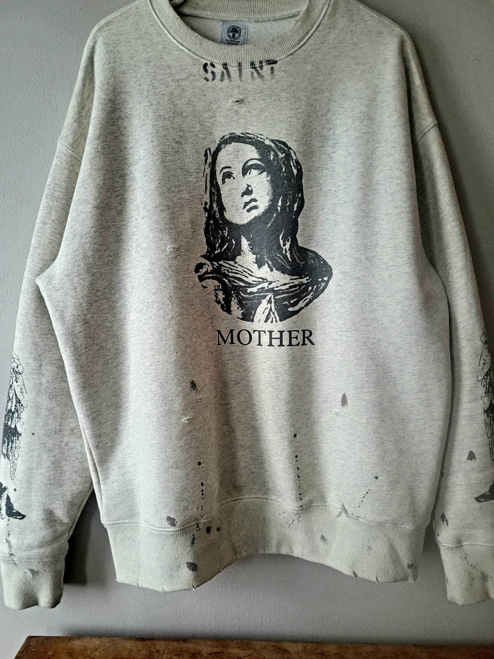 Distressed "Saint Mother" Crewneck Sweater